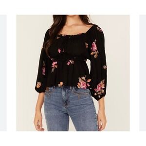Wild Moss Black Floral Embroidered Smocked Peplum Top Balloon Sleeve Boho Small